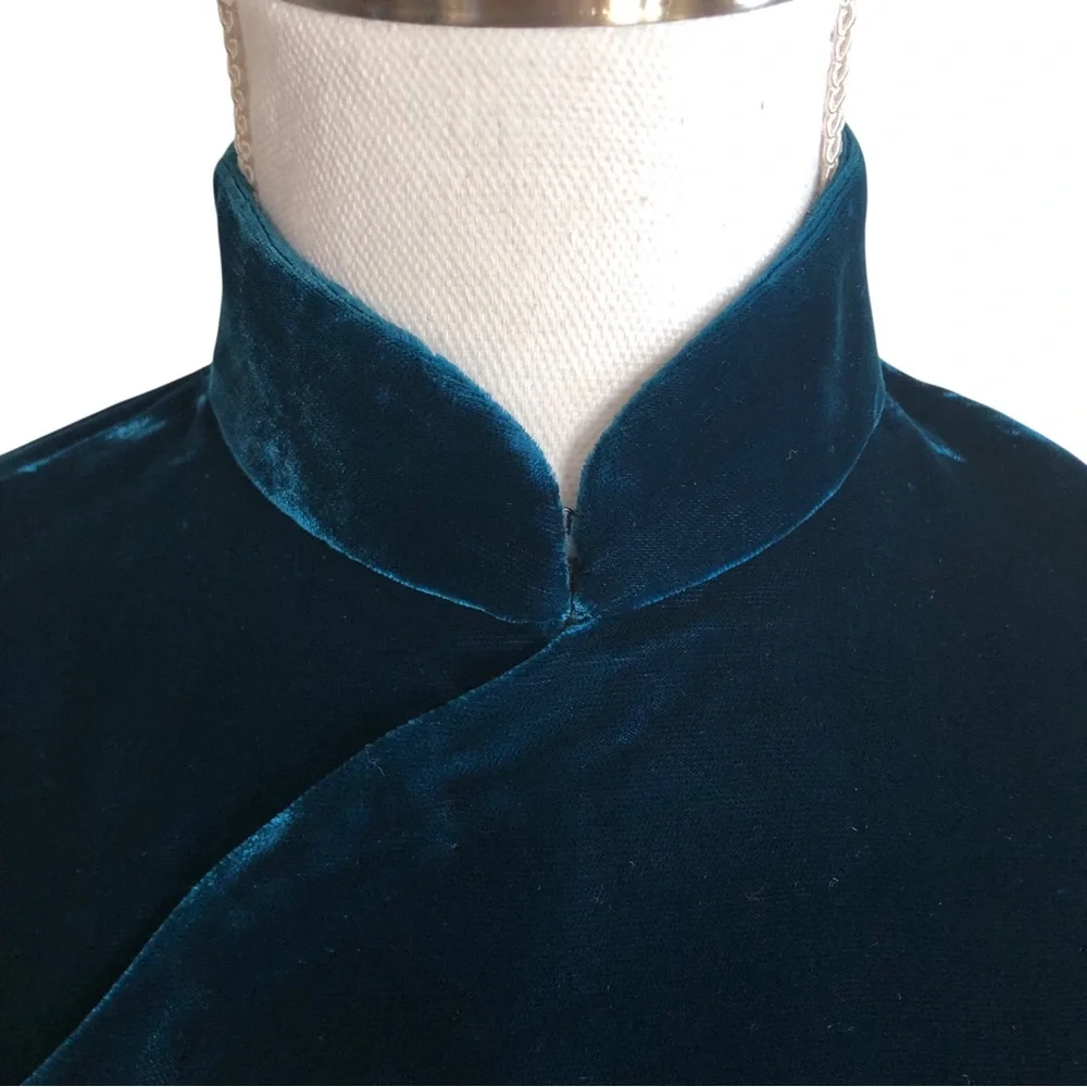 VINTAGE 90s Y2K Handmade Teal Velvet Mandarin Collar Sleeveless Mini Dress Small